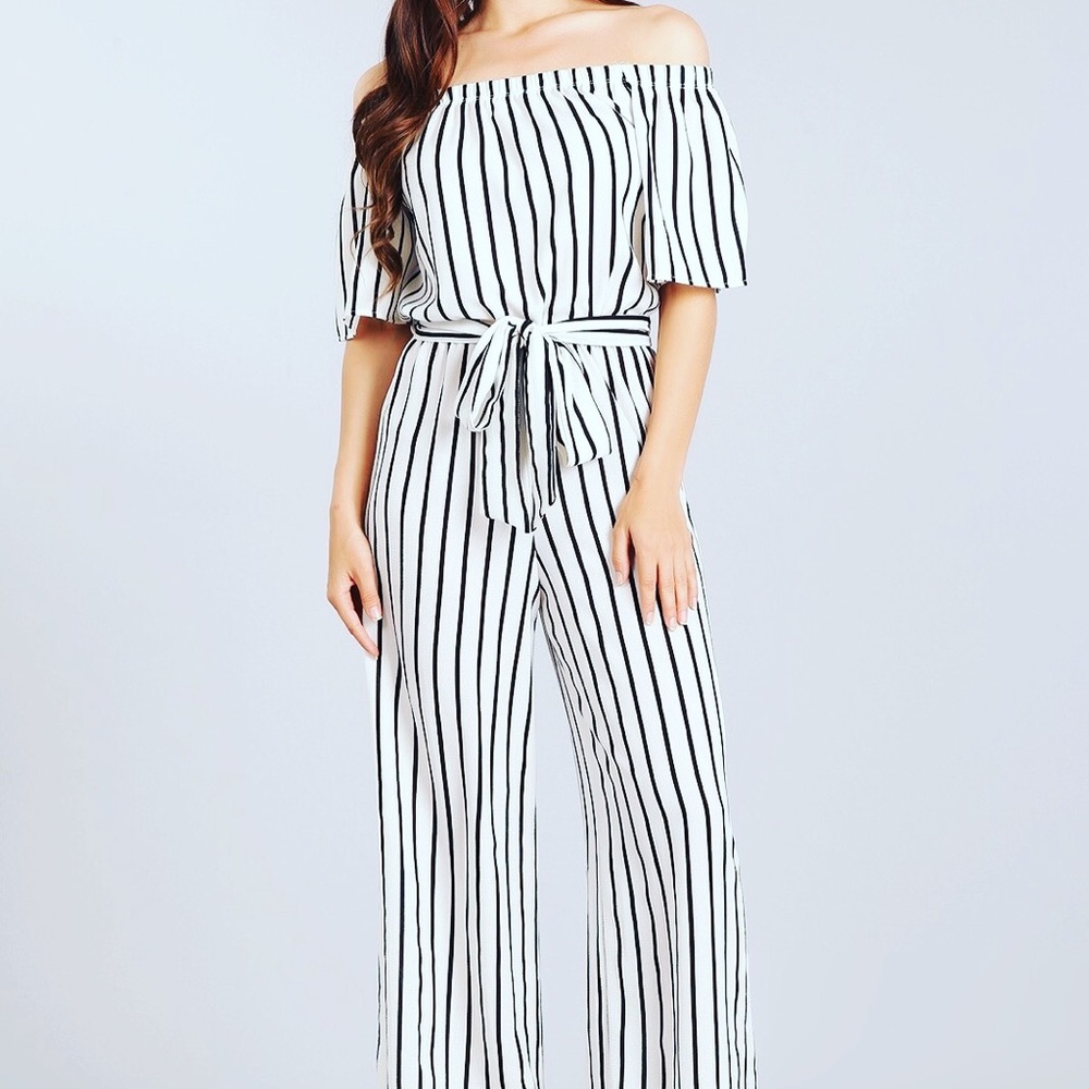 Striped jumpsuit with tie detail